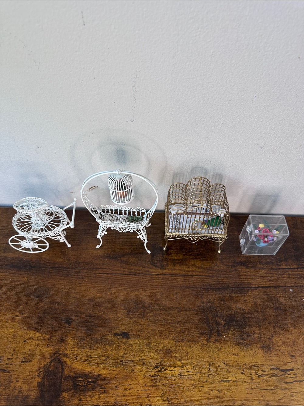 Vintage Dollhouse Miniature Garden Lot Metal Wire Carts Birdcages Flowers 1:12 - Picture 3 of 7